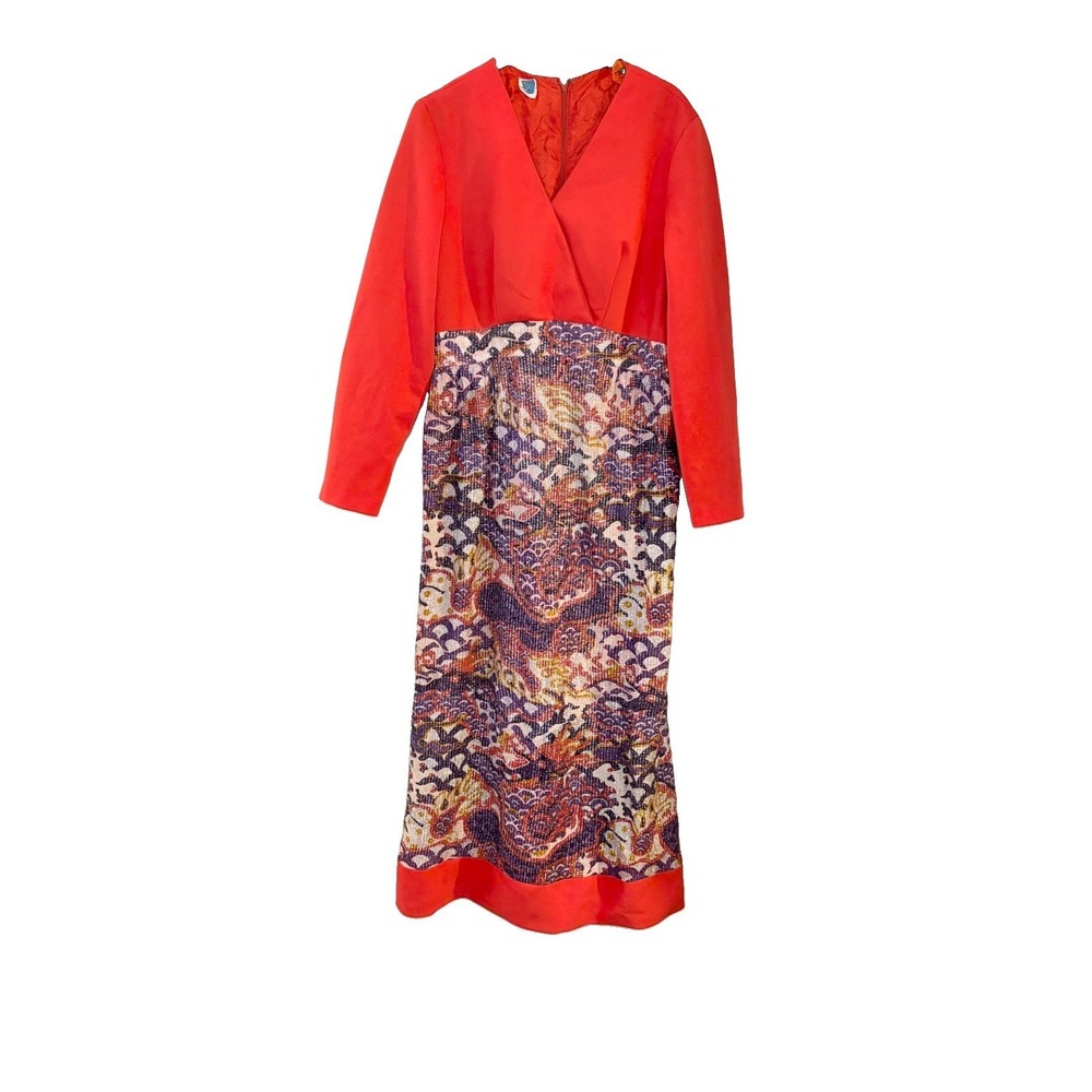 Vintage 1960s Long Evening Dress Size 16 Orange Silver Floral Psychedelic V-Neck